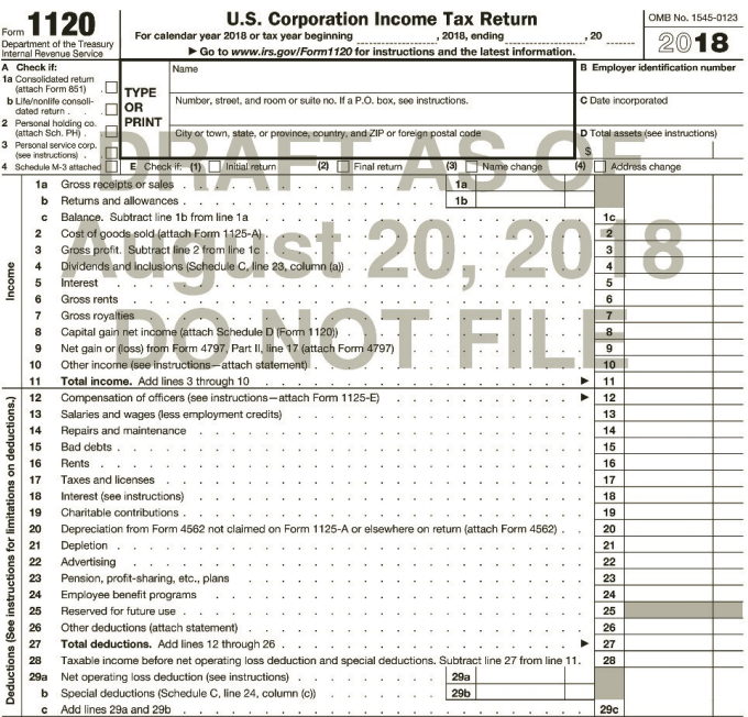 U.S. Corporation Income Tax Return OMB No. 1545-0123 Form 1120 For calendar year 2018 or tax year beginning ,2018, endin