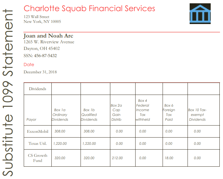 Charlotte Squab Financial Services 123 Wall Street New York, NY 10005 Joan and Noah Arc 1265 W. Riverview Avenue Dayton,