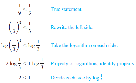 True statement Rewrite the left side. 3 < log 5 log Take the logarithm on each side. 3 - Property of logarithms; identit