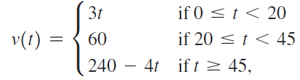 3t if 0 < t < 20 v(t) = 60 if 20 < t < 45 240 – 4t if t > 45, 