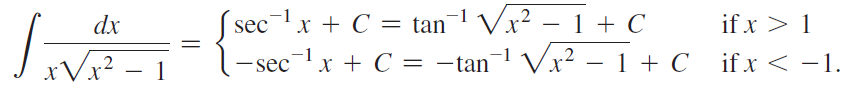 secx + C = tan¬1 Vx² – 1 + C - secx + C = -tan Vx² – 1 + C if x > 1 if x < -1. dx xVx? .2 х 