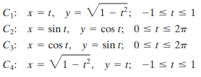 C: x = t, y = V1 - ť; -1 st< 1 |C2: x = sin t, y= cos t; 0 <t< 2n C3: x = cos t, y = sin t; 0 sis 27 C4: x = V1 –- ²