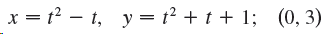 x = t? – t, y = t² + t + 1; (0, 3) 