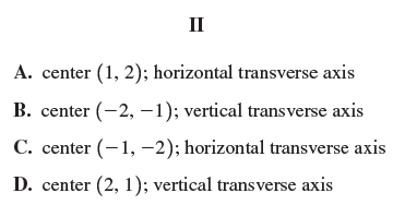 П A. center (1, 2); horizontal transverse axis B. center (-2, –1); vertical transverse axis C. center (-1, -2); horiz