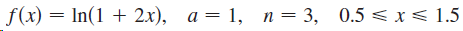 f(x) = In(1 + 2x), a = 1, n= 3, 0.5 < x< 1.5 