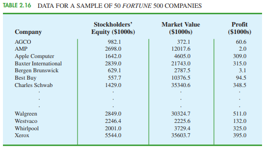 TABLE 2.16 DATA FOR A SAMPLE OF 50 FORTUNE 500 COMPANIES Stockholders' Market Value Profit ($1000s) ($1000s) Company Equ