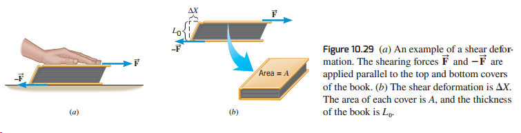 AX Figure 10.29 (a) An example of a shear defor- mation. The shearing forces F and -F are applied parallel to the top an