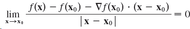 f(x) – f(xo) – Vf(xo)· (x – xo) х — Хо lim х—Хо |x - xo| 