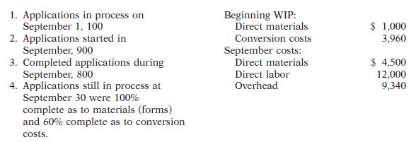 Beginning WIP: Direct materials Conversion costs September costs: Direct materials Direct labor Overhead 1. Applications