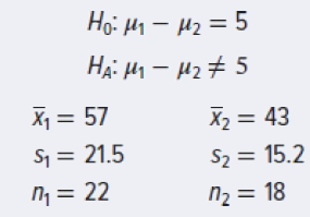 Ho: Hy – Hz = 5 Hại Hh – Hz#5 X1 = 57 X2 = 43 S1 = 21.5 S2 = 15.2 n2 = 18 n = 22 %D 