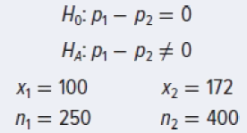 Ho: Pi – P2 = 0 HẠ: P1 – P2 # 0 X1 = 100 X2 = 172 n = 250 n2 = 400 