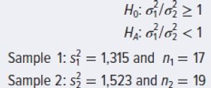 Hoi oilo 1 Hai olo3 <1 Sample 1: s = 1,315 and n, = 17 Sample 2: s = 1,523 and n2 = 19 