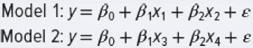 Model 1: y= Bo +BjX1+ B2X2+ € Model 2: y= Bo +B,X3+ B2X4 + e 