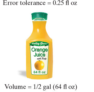 Error tolerance = 0.25 fl oz Talley Gro Orange Juice ite Pule 64 fl oz Volume = 1/2 gal (64 fl oz) 