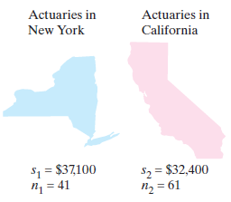 Actuaries in Actuaries in New York California $1 = $37,100 n1 = 41 S2 = $32,400 n2 = 61 