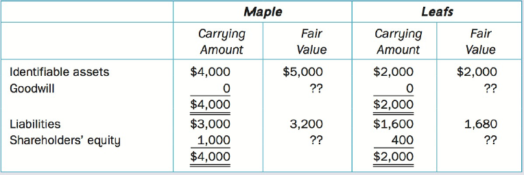 Leafs Maple Carrying Aтount Fair Carrying Amount Fair Value Value Identifiable assets Goodwill $4,000 $5,000 $2,000 $2,