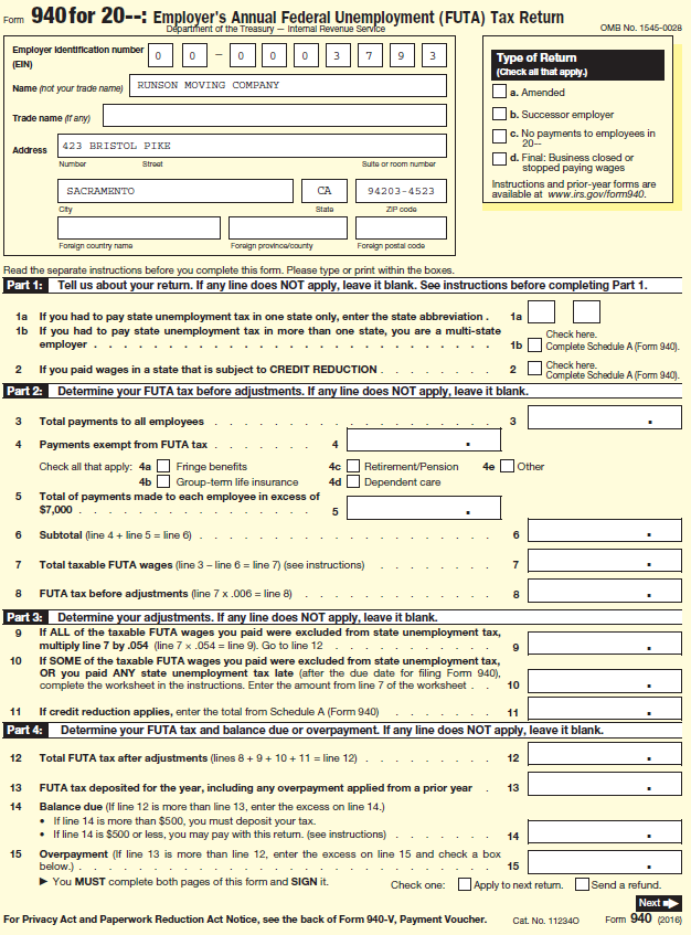 Form 940 for 20-: Employer's Annual Federal Unemployment (FUTA) Tax Return Departhent of the Treasury - Internal Revenue