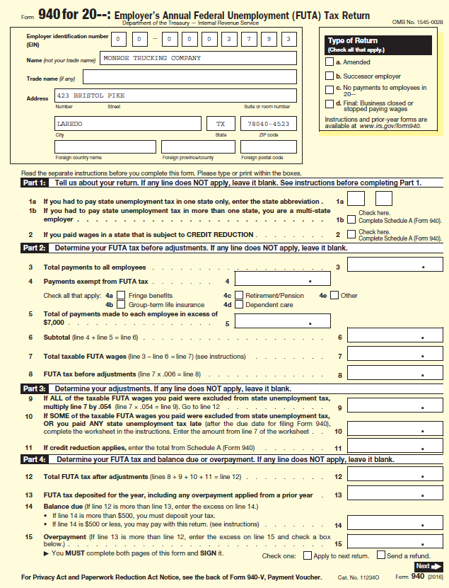 940 for 20--: Employer's Annual Federal Unemployment (FUTA) Tax Return Form Départment of the Treasury - Intemal Revenu