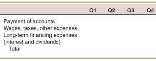 Q1 Q2 Q3 Q4 Payment of accounts Wages, taxes, other expenses Long-term financing expenses (interest and dividends) Total