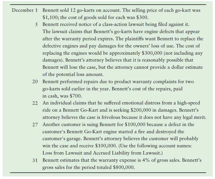 December 1 Bennett sold 12 go-karts on account. The selling price of each go-kart was $1,100; the cost of goods sold for