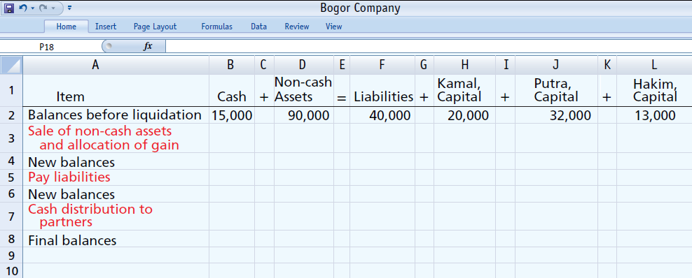 Bogor Company Home Insert Page Layout Formulas Data Review View fx P18 Non-cash Cash + Assets Kamal, = Liabilities + Cap