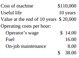 $110,000 Cost of machine Useful life 10 years Value at the end of 10 years $ 20,000 Operating costs per hour: Operator's