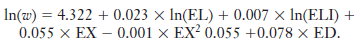 In(w) = 4.322 + 0.023 × In(EL) + 0.007 x In(ELI) + 0.055 x EX – 0.001 x EX? 0.055 +0.078 × ED. 