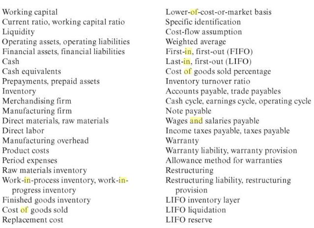 Working capital Current ratio, working capital ratio Liquidity Operating assets, operating liabilities Financial assets,