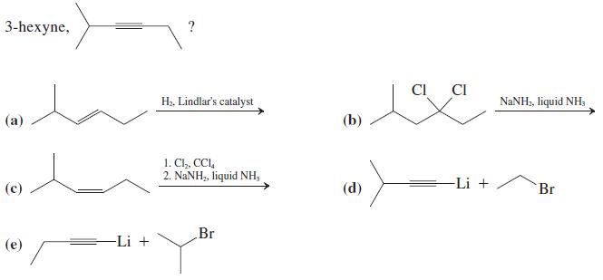 3-hexyne, CI CI H.. Lindlar's catalyst NANH, liquid NH, (a) (b) 1. Cl,, CCI, 2. NANH,, liquid NH, -Li + (c) (d) Br Br (e) -Li +