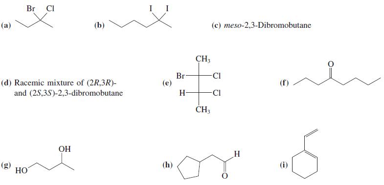 Br CI I I (a) (b) (c) meso-2,3-Dibromobutane CH3 Br- (e) -CI (d) Racemic mixture of (2R,3R)- and (2S,35)-2,3-dibromobutane H- -CI CH3 ОН (h) (i) (g) HO