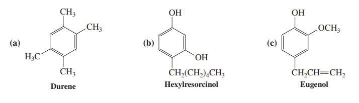 CH3 OH OH CH3 LOCH3 (a) (b) (c) H;C HO, ČH3 ČH-(CH,),CH3 CH,CH=CH, Durene Hexylresorcinol Eugenol