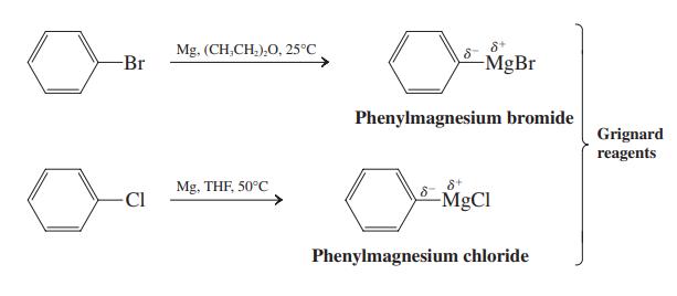 Mg, (CH,CH,),0, 25°C -Br -MgBr Phenylmagnesium bromide Grignard reagents Mg, THF, 50°C -CI -MGCI Phenylmagnesium chloride