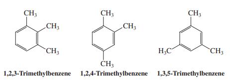 CH3 CH3 CH3 CH3 CH3 CH3 H;C CH3 CH3 1,2,3-Trimethylbenzene 1,2,4-Trimethylbenzene 1,3,5-Trimethylbenzene