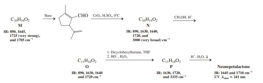 CHO Cr0, H,So,, 0°C Base CH,OH, H* C10H1602 C10H1402 M IR: 890, 1645, 1725 (very strong), and 1705 cm IR: 890, 1630, 164ю, 1720, and 3000 (very broad) cm 1. Dicyclohexylborane, THF 2. НО Н.О. H
