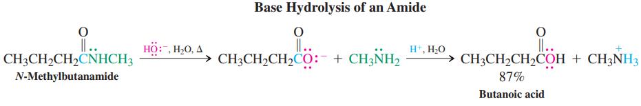 Base Hydrolysis of an Amide II.. CH3CH2CH2CNHCH3 II.. > CH3CH2CH2CO:- + CH3NH2 II.. → CH3CH2CH2COH + CH3NH3 HỘ:, H,O, A H*, H2O N-Methylbutanamide 87% Butanoic acid