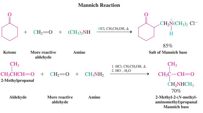 Mannich Reaction CH,N(CH,), Cl- 1. H HCI, CH,CH,OH, A + CH2=0 + (CH3)2NH 85% Ketone More reactive Amine Salt of Mannich base aldehyde CH3 CH3 1. HCI, CH,CH,OH, A 2. НО , Н.О CH;CHCH=0 + CH,=0 + CH;NH, CH3C-CH=0 2-Methylpropanal ČHĄNHCH3 70% 2-Methyl-2-(N-methyl- aminomethyl)propanal Aldehyde More reactive Amine aldehyde Mannich