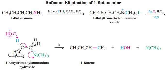 Hofmann Elimination of 1-Butanamine CH;CH,CH,CH,NH, Excess CH,I, K,CO, H,0 CH;CH,CH,CHN(CH;)3 I- Ag.0, H,O 1-Butanamine -AgI 1-Butyltrimethylammonium iodide HO: H H CH-CH-CH — СH, + НОН + N(CH3)3 CH CH, CNCH,), 1-Butyltrimethylammonium hydroxide 1-Butene