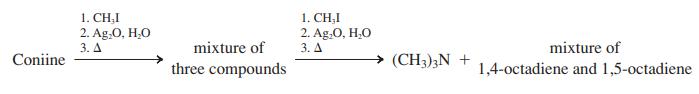 1. CH;I 2. Ag,0, H,0 3. A 1. CH;I 2. Ag.0, H,O 3. A mixture of mixture of Coniine three compounds (CH3)3N + 1,4-octadiene and 1,5-octadiene
