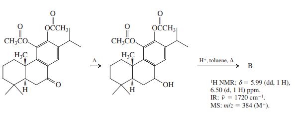OCCH3 OCH3 CH;CO. CH;CO. H;C HẠC H*, toluene, A B 'H NMR: 8 = 5.99 (dd, 1 H), 6.50 (d, I H) ppm. IR: i = 1720 cm-. MS: mlz = 384 (M*). НО