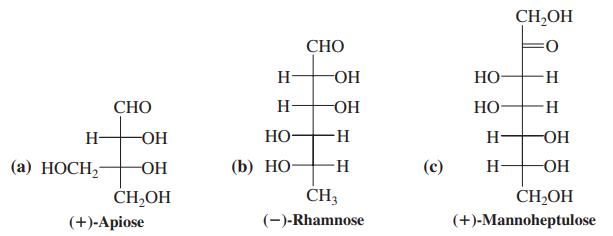 CH,OH СНО H- OH НО СНО H- OH HO H- H- OH- HO- -H- H- OH (а) НОСН, O- (b) НО——н (с) H OH CH,OH CH; CH,OH (+)-Аpiose (-)-Rhamnose (+)-Mannoheptulose