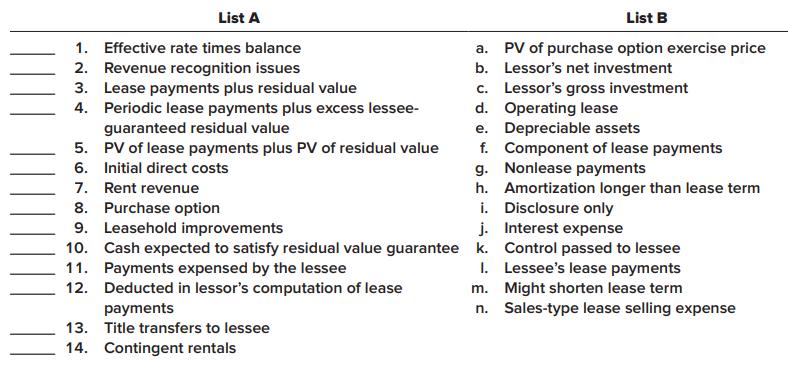 List A List B 1. Effective rate times balance a. PV of purchase option exercise price 2. Revenue recognition issues 3. Lease payments plus residual value 4. Periodic lease payments plus excess lessee- guaranteed residual value 5. PV of lease payments plus PV of residual value b. Lessor's net investment
