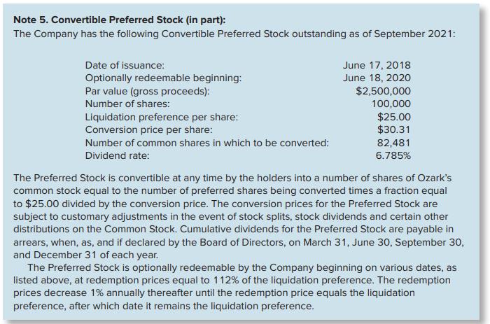 Note 5. Convertible Preferred Stock (in part): The Company has the following Convertible Preferred Stock outstanding as of September 2021: Date of issuance: Optionally redeemable beginning: Par value (gross proceeds): June 17, 2018 June 18, 2020 $2,500,000 Number of shares: Liquidation preference per share: Conversion price per share: 100,000 $25.00