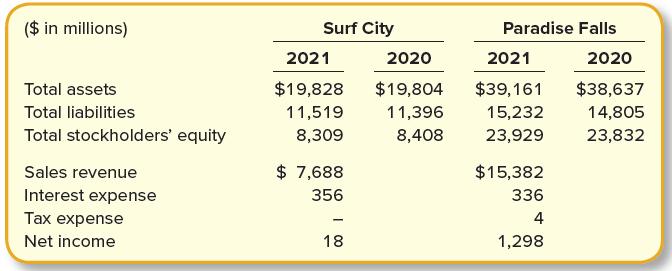 ($ in millions) Surf City Paradise Falls 2021 2020 2021 2020 Total assets $19,828 $19,804 $39,161 $38,637 Total liabilities 11,519 11,396 15,232 14,805 Total stockholders' equity 8,309 8,408 23,929 23,832 Sales revenue $ 7,688 $15,382 Interest expense 356 336 Tax expense 4 Net income 18 1,298