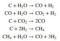 C+H2O → CO+ H, СО + Н,О — СО, + H2 С+ СО, — 2СО С +2H — СН CH4 + H20 → CO + 3H2