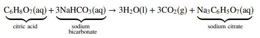 C,HsO7(aq) +3NaHCO3(aq) → 3H2O(1) + 3CO2(g) + Na3 CGH5O,(aq) citric acid sodium bicarbonate sodium citrate