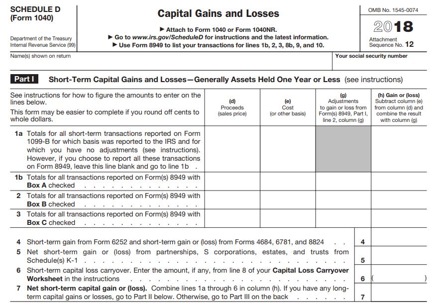 SCHEDULE D OMB No. 1545-0074 Capital Gains and Losses (Form 1040) 2018 Attach to Form 1040 or Form 1040NR. Go to www.irs.gov/ScheduleD for instructions and the latest information. Department of the Treasury Internal Revenue Service (99) Attachment Use Form 8949 to list your transactions for lines 1b, 2, 3, 8b,