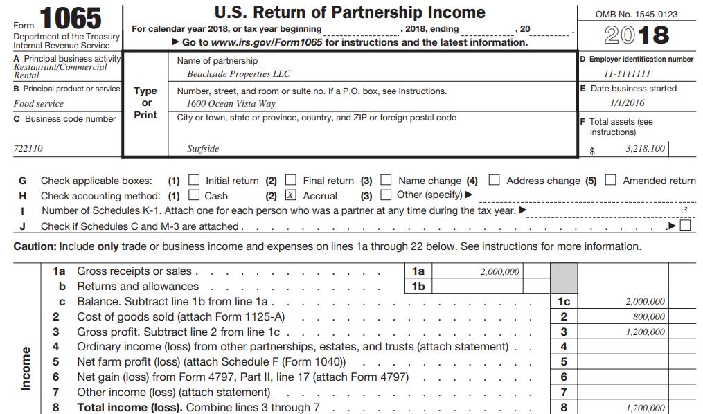 1065 U.S. Return of Partnership Income OMB No. 1545-0123 Form For calendar year 2018, or tax year beginning , 2018, ending , 20 2018 Department of the Treasury Internal Revenue Service A Principal business activity Restaurant/Commercial Rental ---------- Go to www.irs.gov/Form1065 for instructions and the latest information. D Employer identification