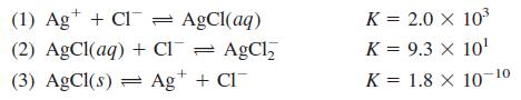 (1) Ag* + Cl = AgCl(aq) (2) AgCl(aq) + Cl¯ = AgCl, K = 2.0 X 103 %3D K = 9.3 x 10' (3) AgCl(s) = Ag+ + Cl K = 1.8 X 10-10