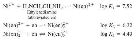 Ni²+ + H,NCH,CH,NH, = Ni(en)²+ log K, = 7.52 Ethylenediamine (abbreviated en) Ni(en)?+ + en = Ni(en) log K2 = 6.32 log K3 = 4.49 Ni(en)* + en = Ni(en)*
