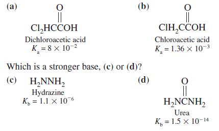 (a) (b) Cl,HCCOH СІН,ССОН Dichloroacetic acid Chloroacetic acid K = 8 x 10-2 K = 1.36 x 10-3 Which is a stronger base, (c) or (d)? (c) (d) H,NNH, Hydrazine K, = 1.1 x 106 H,NCNH, Urea K, = 1.5 x 10-14